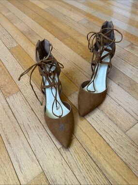 MARC FISHER Suede Lace-Up Pointed-Toe Heels
